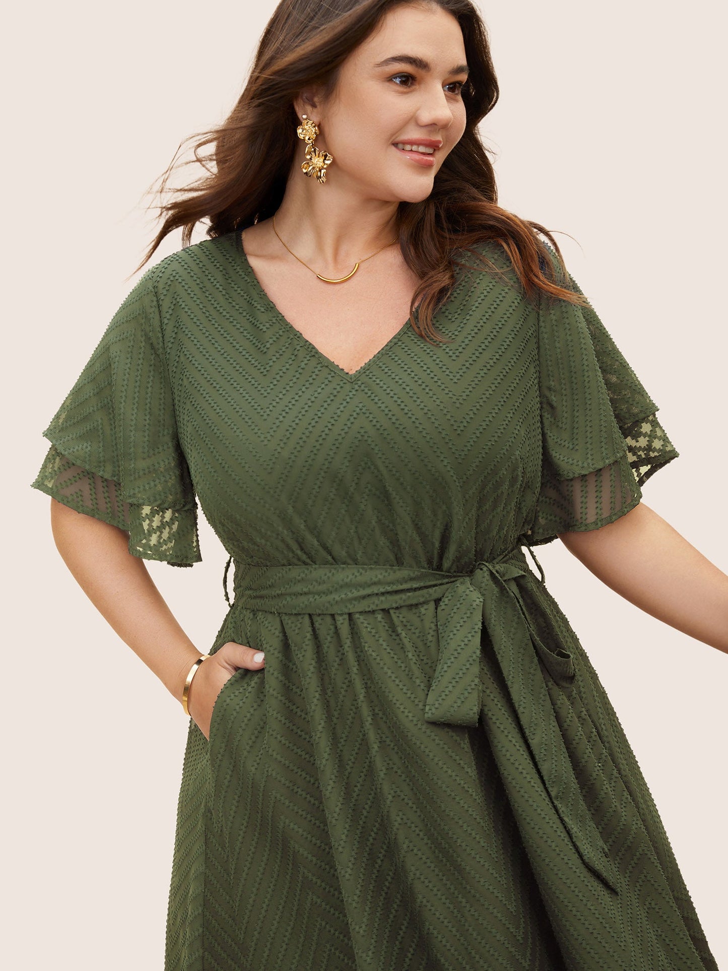 Texture Tiered Ruffle Sleeve See Through Dress