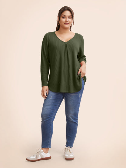 Plain Waffle Knit Scoop Neck Plicated Detail T-shirt