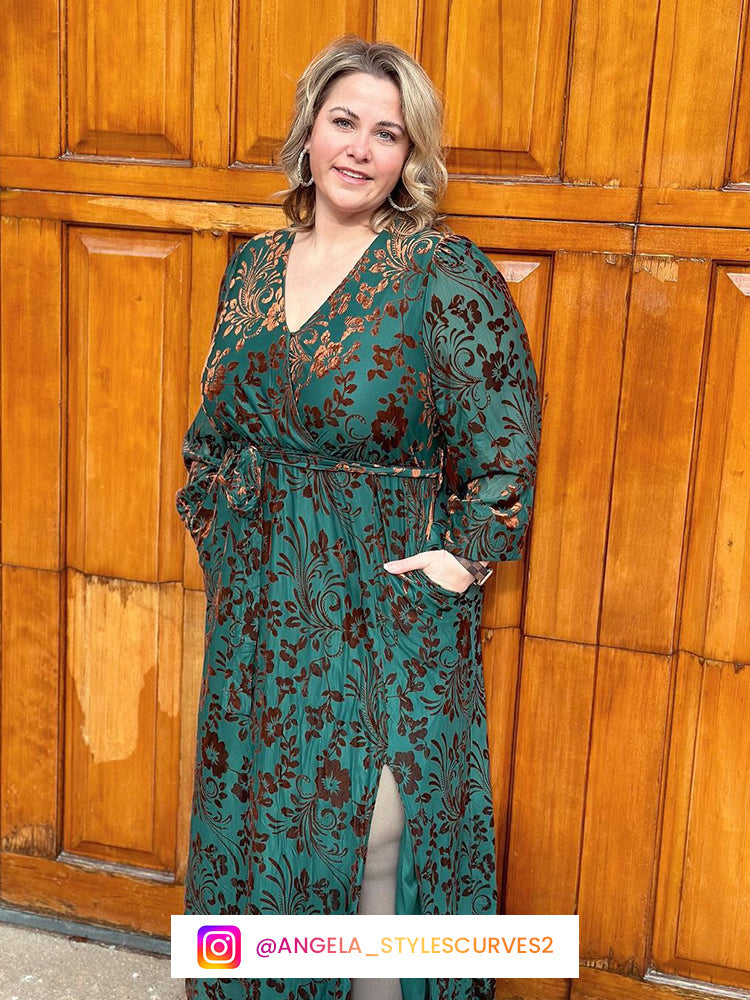 Floral Print Belted Split Wrap Velvet Maxi Dress