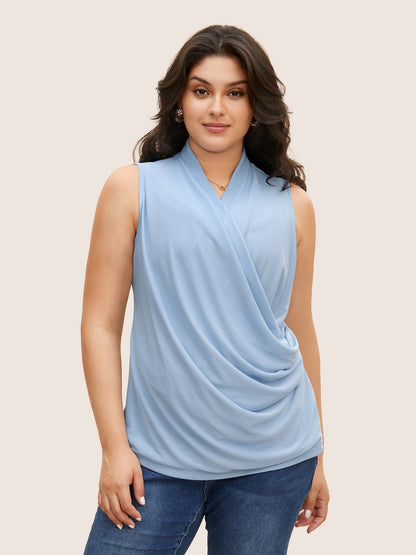 Overlap Collar Solid Pleated Tank Top