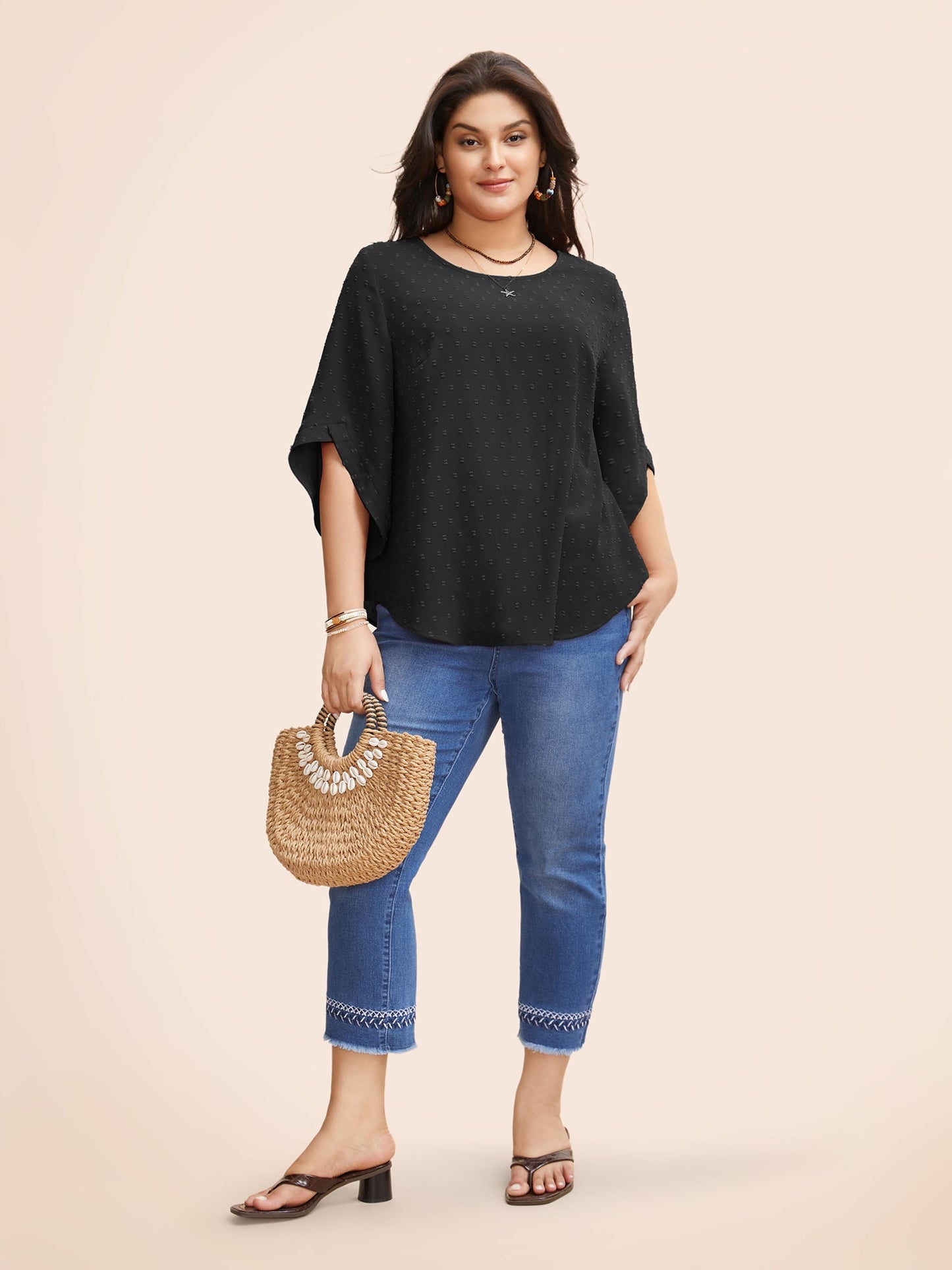 Textured Round Neck Bell Sleeve Blouse