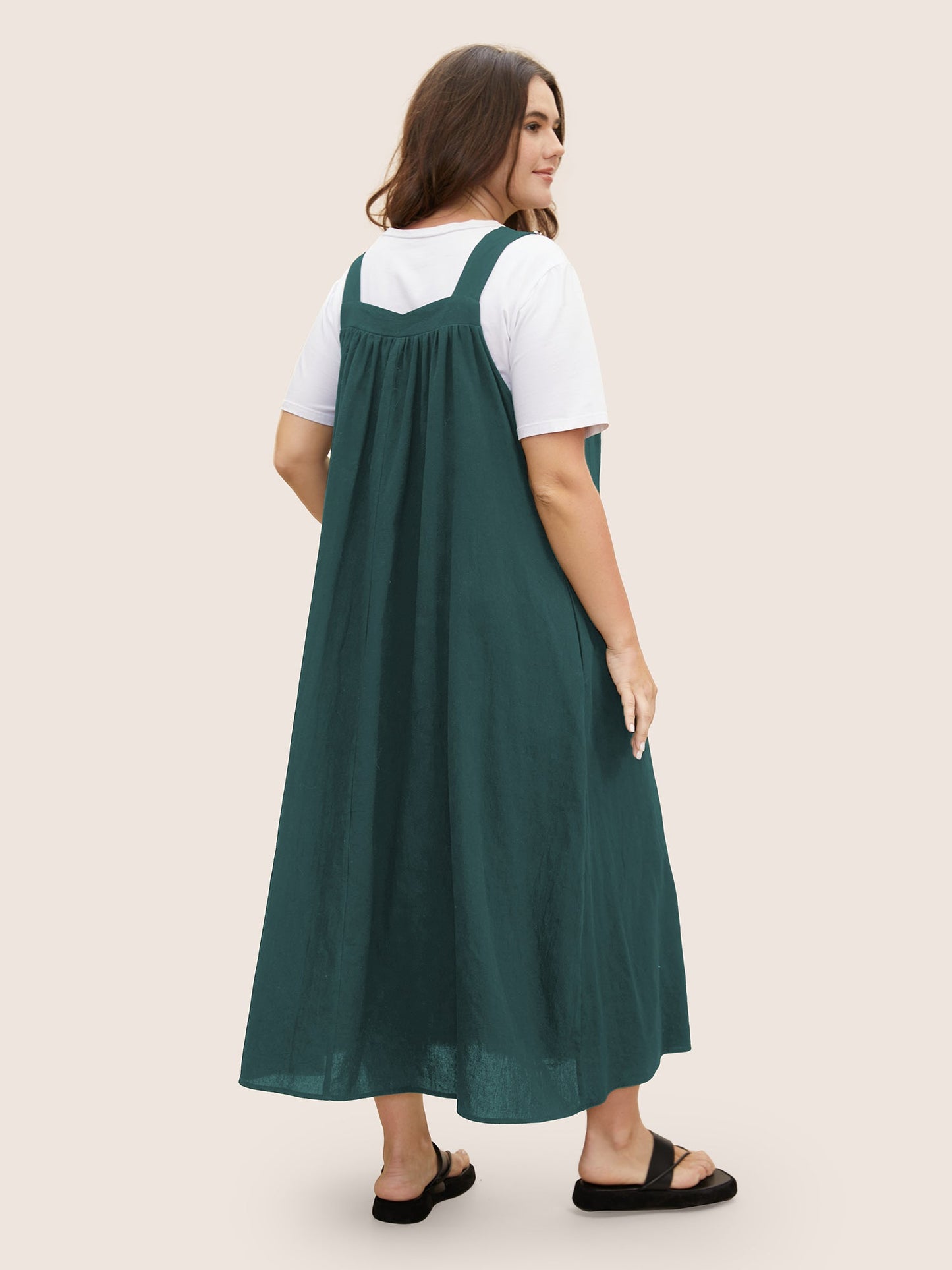 Cotton Solid Adjustable Straps Pocket Midi Dress