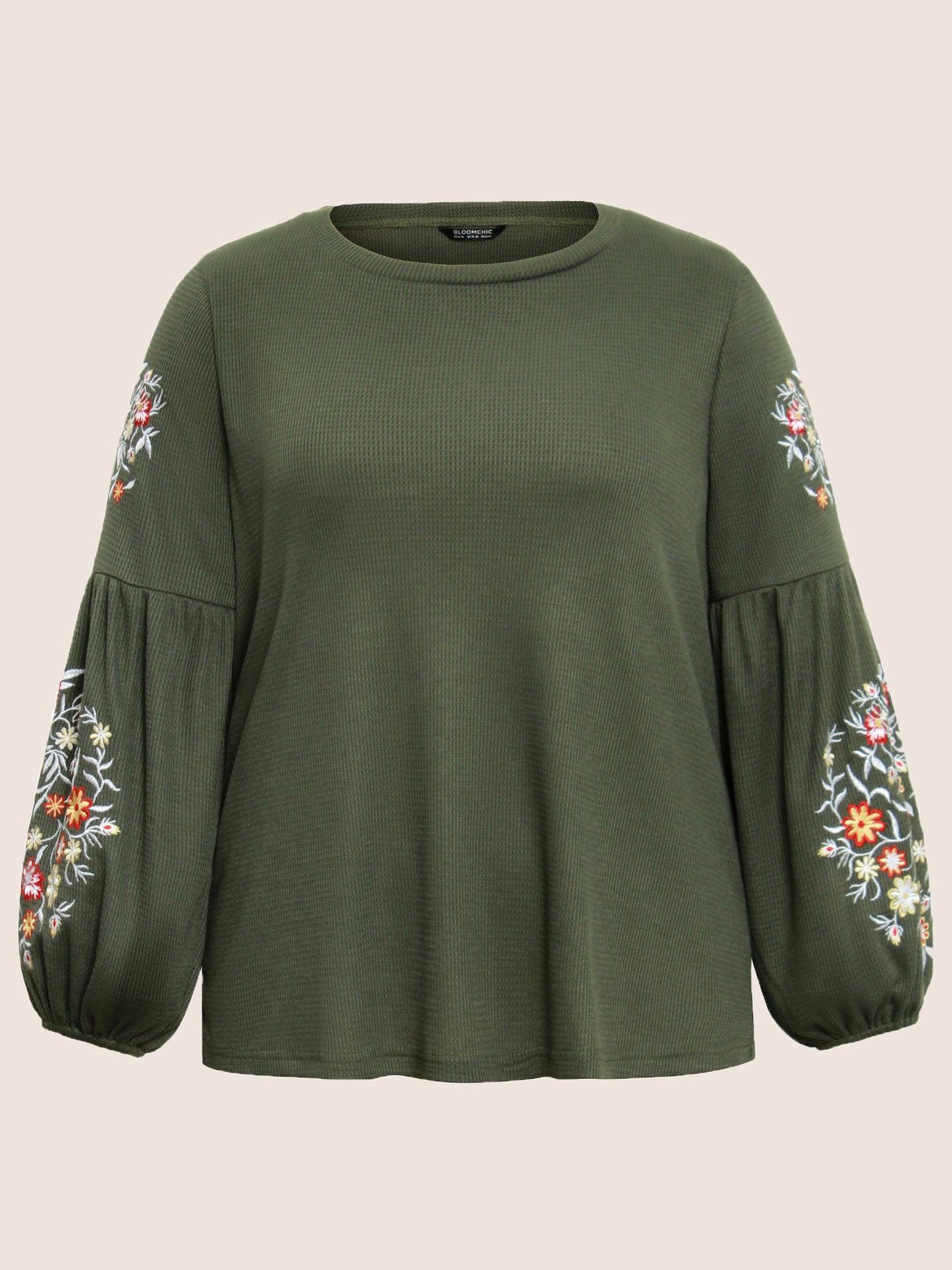 Waffle Knit Floral Embroidered Lantern Sleeve T-shirt