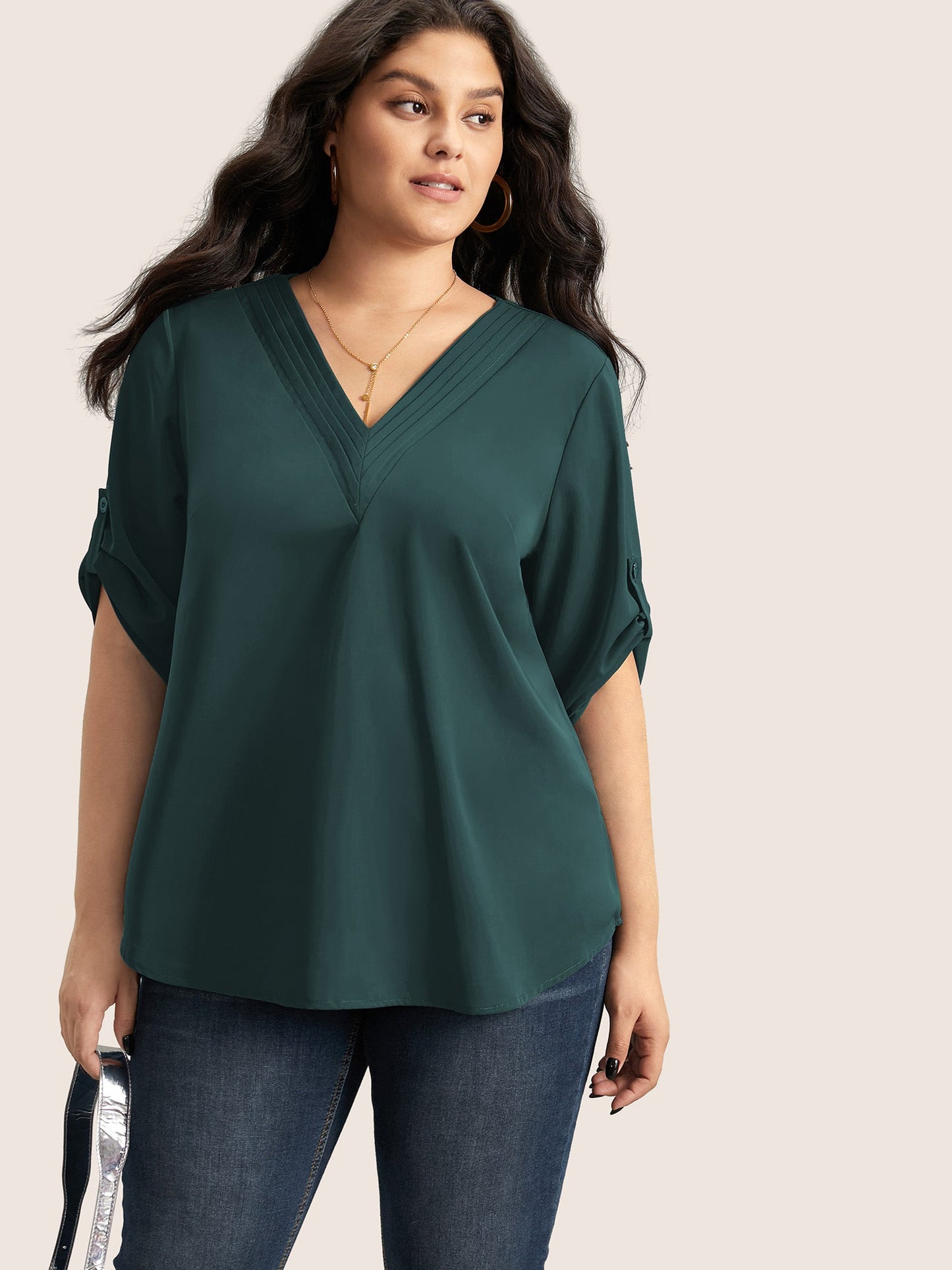 V Neck Plain Pleated Tab Sleeve Blouse