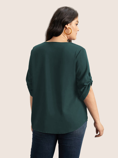 V Neck Plain Pleated Tab Sleeve Blouse