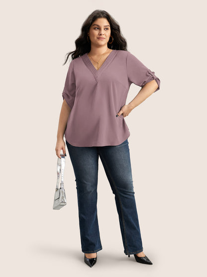 V Neck Plain Pleated Tab Sleeve Blouse