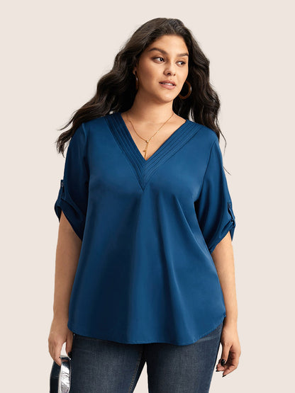 V Neck Plain Pleated Tab Sleeve Blouse