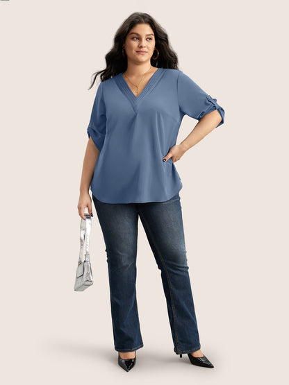 V Neck Plain Pleated Tab Sleeve Blouse