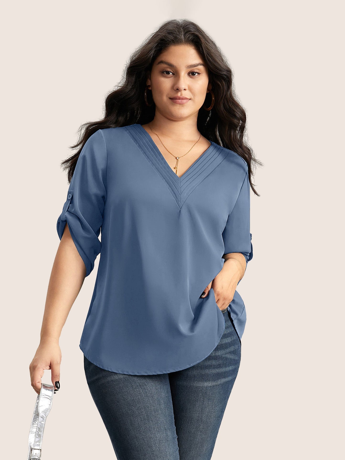 V Neck Plain Pleated Tab Sleeve Blouse