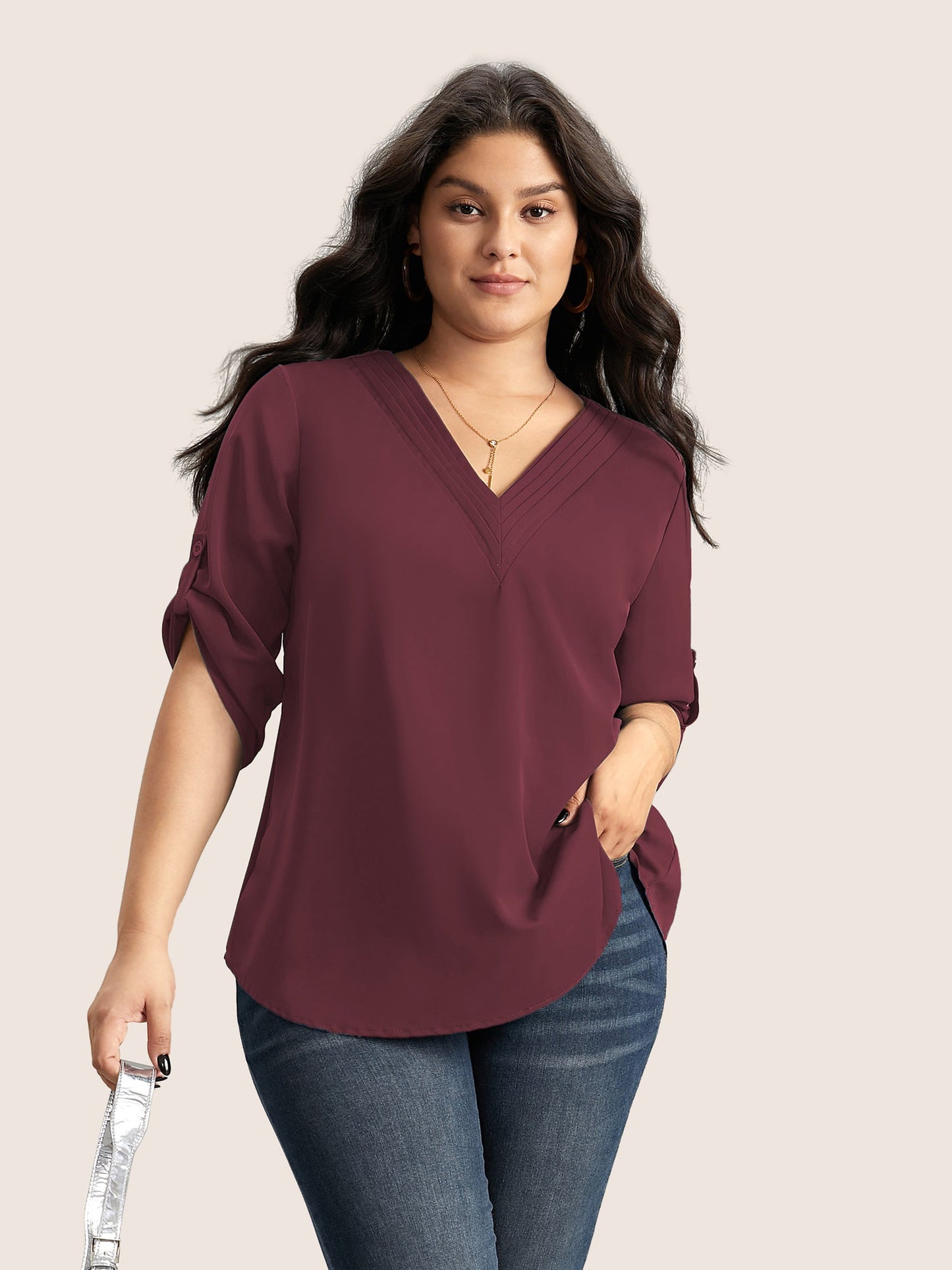 V Neck Plain Pleated Tab Sleeve Blouse