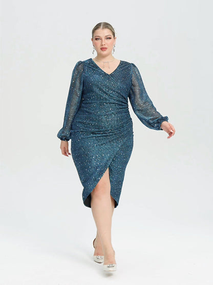 Contrast Mesh Lantern Sleeve Wrap Sequin Midi Dress