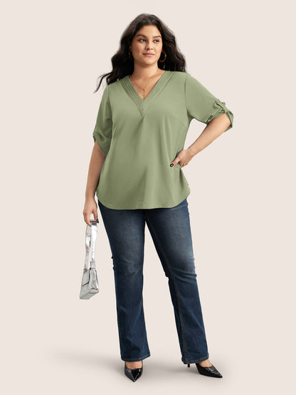 V Neck Plain Pleated Tab Sleeve Blouse