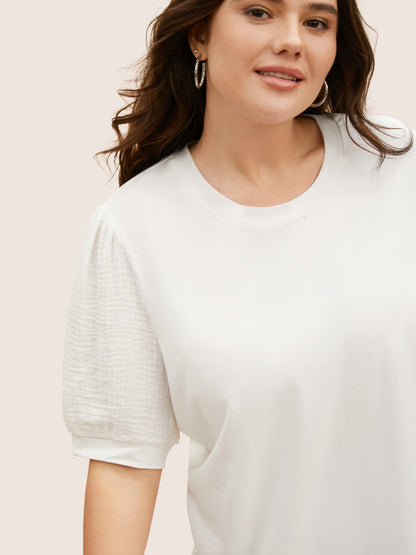 Plain Textured Patchwork Lantern Sleeve T-shirt