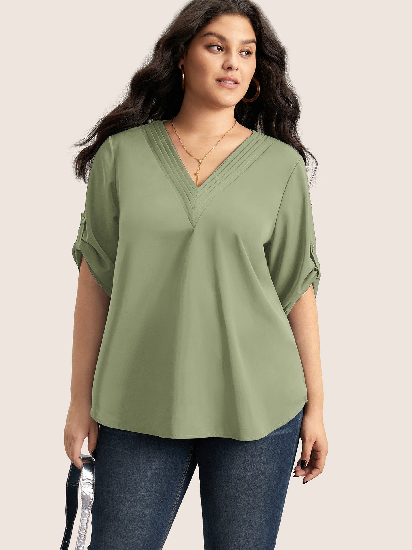 V Neck Plain Pleated Tab Sleeve Blouse