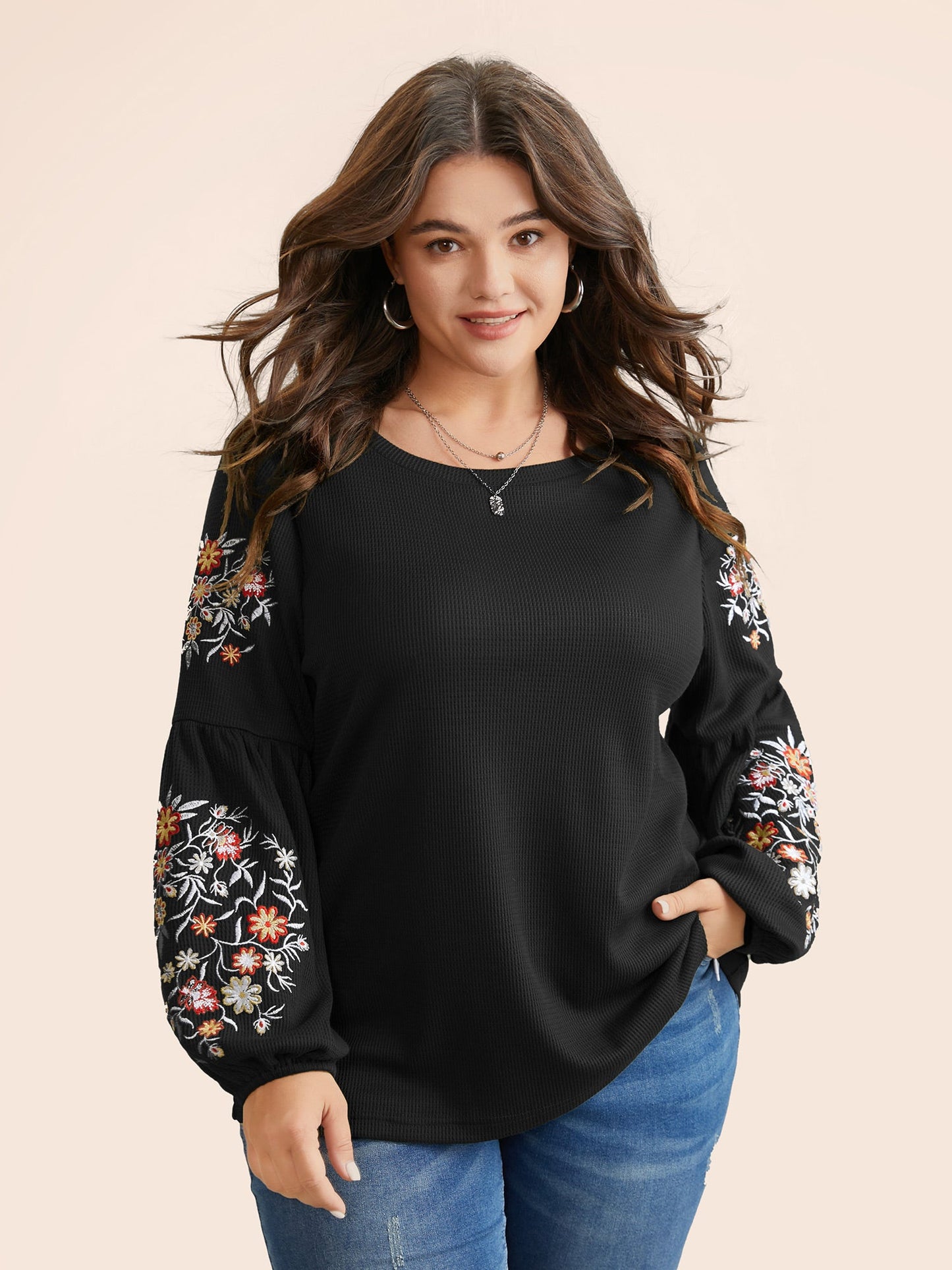 Waffle Knit Floral Embroidered Lantern Sleeve T-shirt