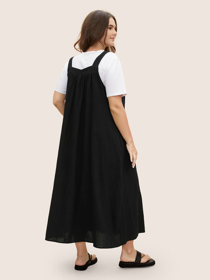 Cotton Solid Adjustable Straps Pocket Midi Dress