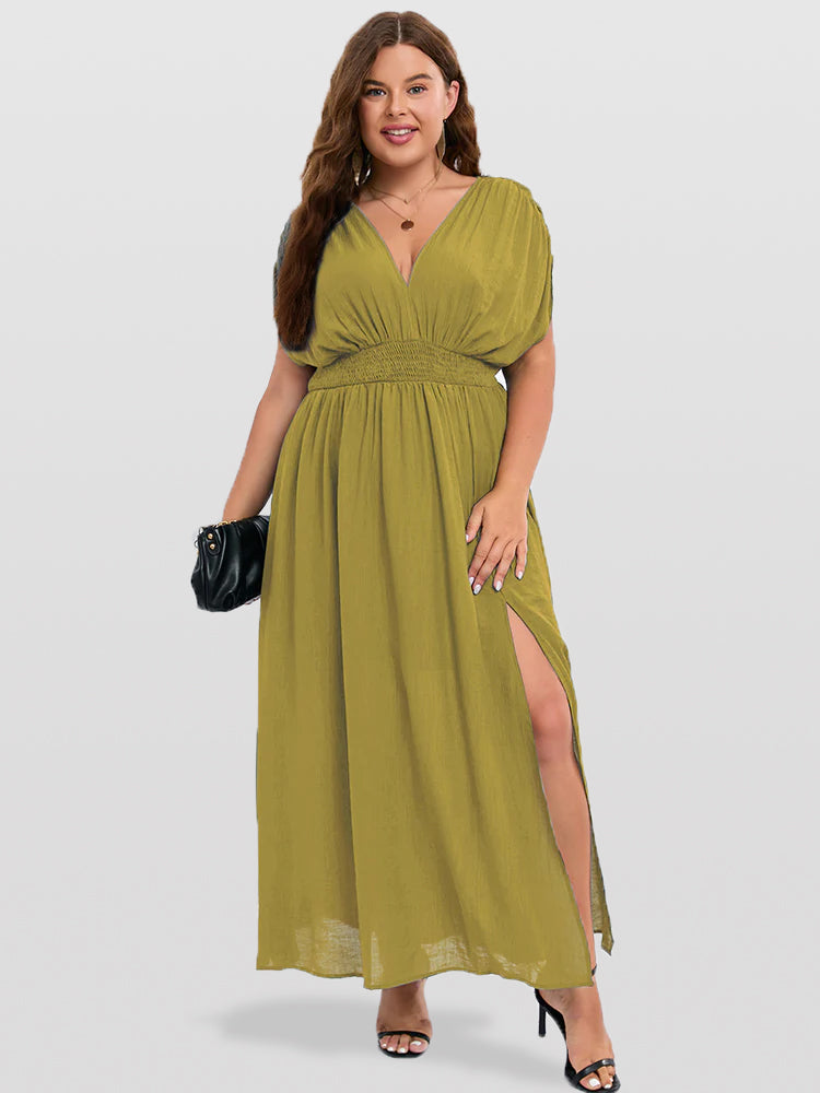 V-Neck Dolman Sleeve Ruched Split Pocket Maxi Dress