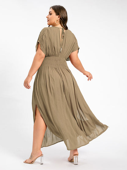 V-Neck Batwing Sleeve Pocket Ruched Waist Maxi Dress