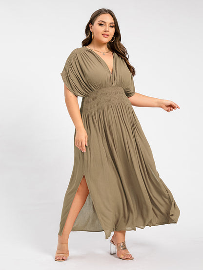 V-Neck Batwing Sleeve Pocket Ruched Waist Maxi Dress