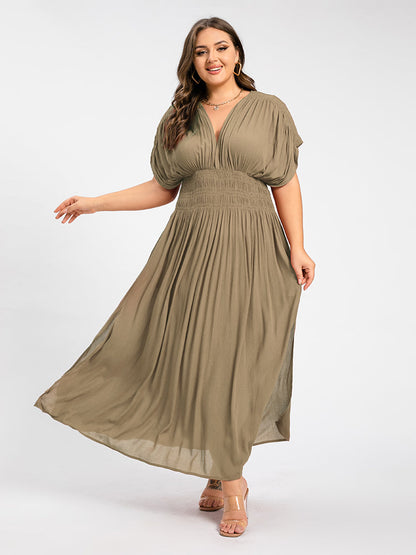 V-Neck Batwing Sleeve Pocket Ruched Waist Maxi Dress