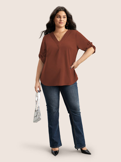 V Neck Plain Pleated Tab Sleeve Blouse