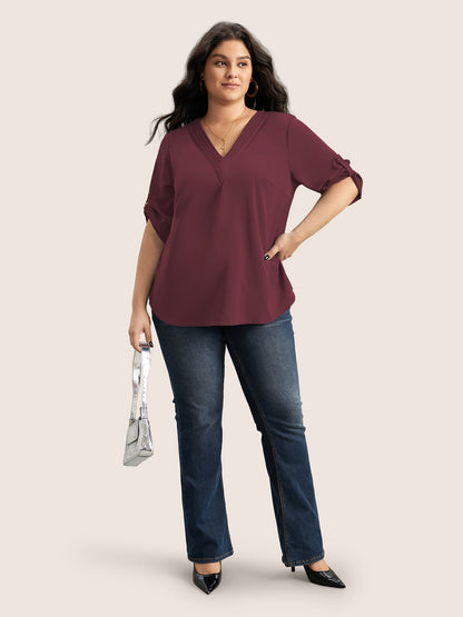 V Neck Plain Pleated Tab Sleeve Blouse