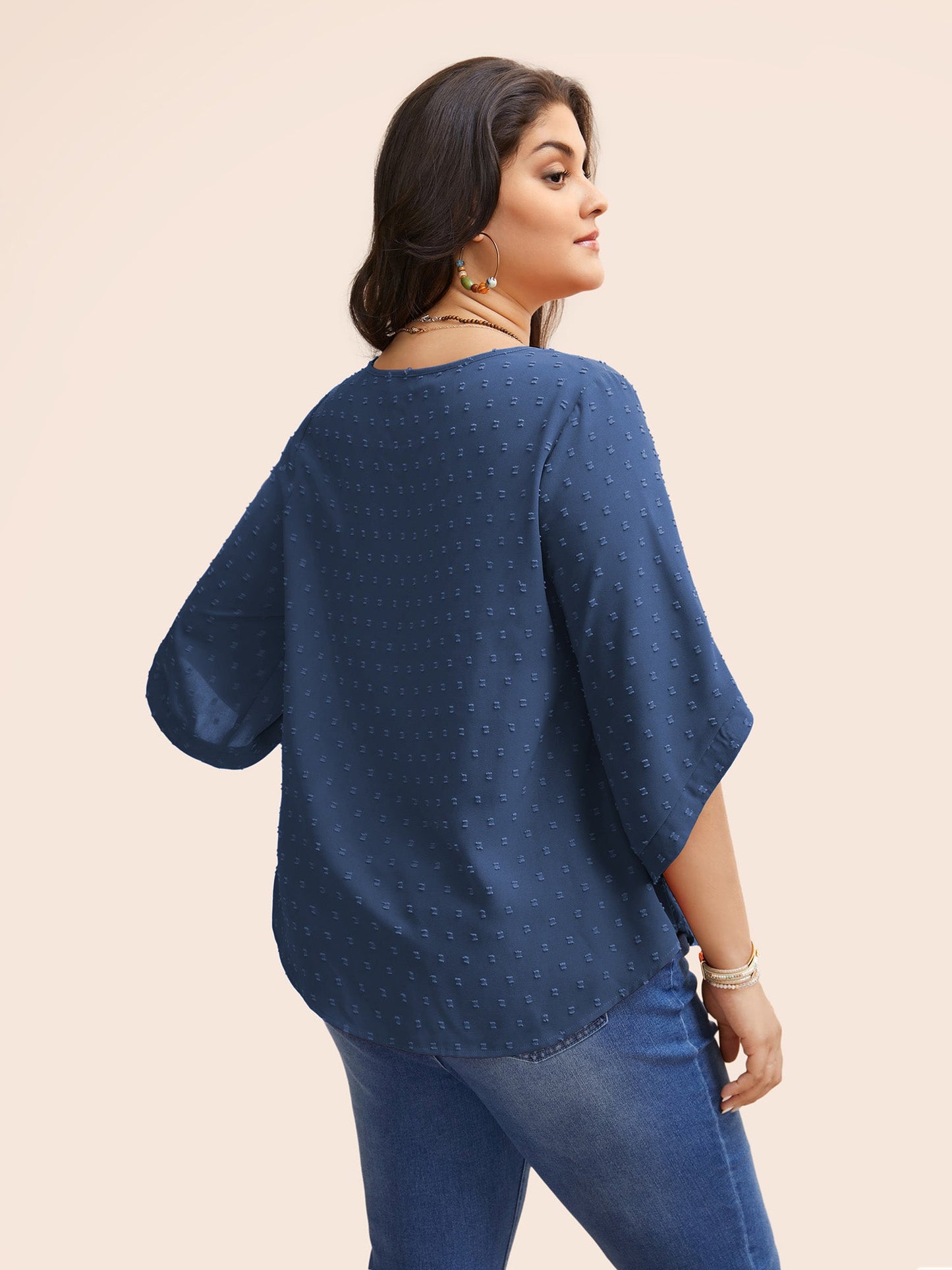 Textured Round Neck Bell Sleeve Blouse