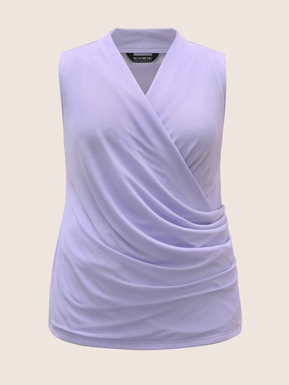 Overlap Collar Solid Pleated Tank Top