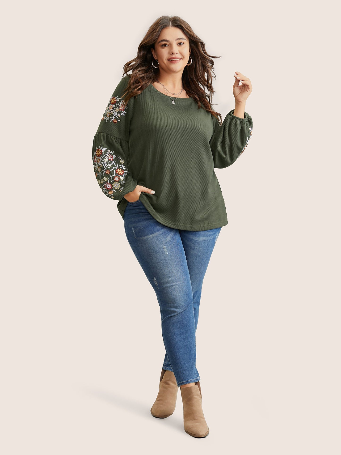 Waffle Knit Floral Embroidered Lantern Sleeve T-shirt