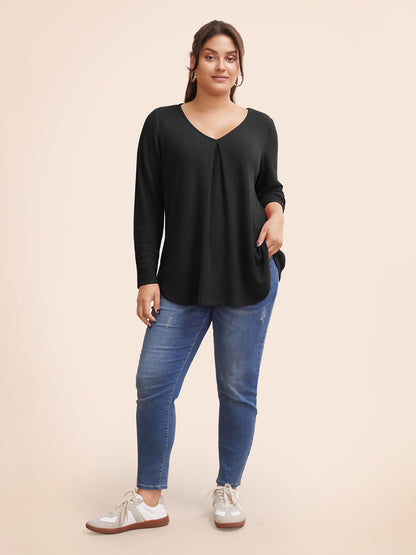 Plain Waffle Knit Scoop Neck Plicated Detail T-shirt