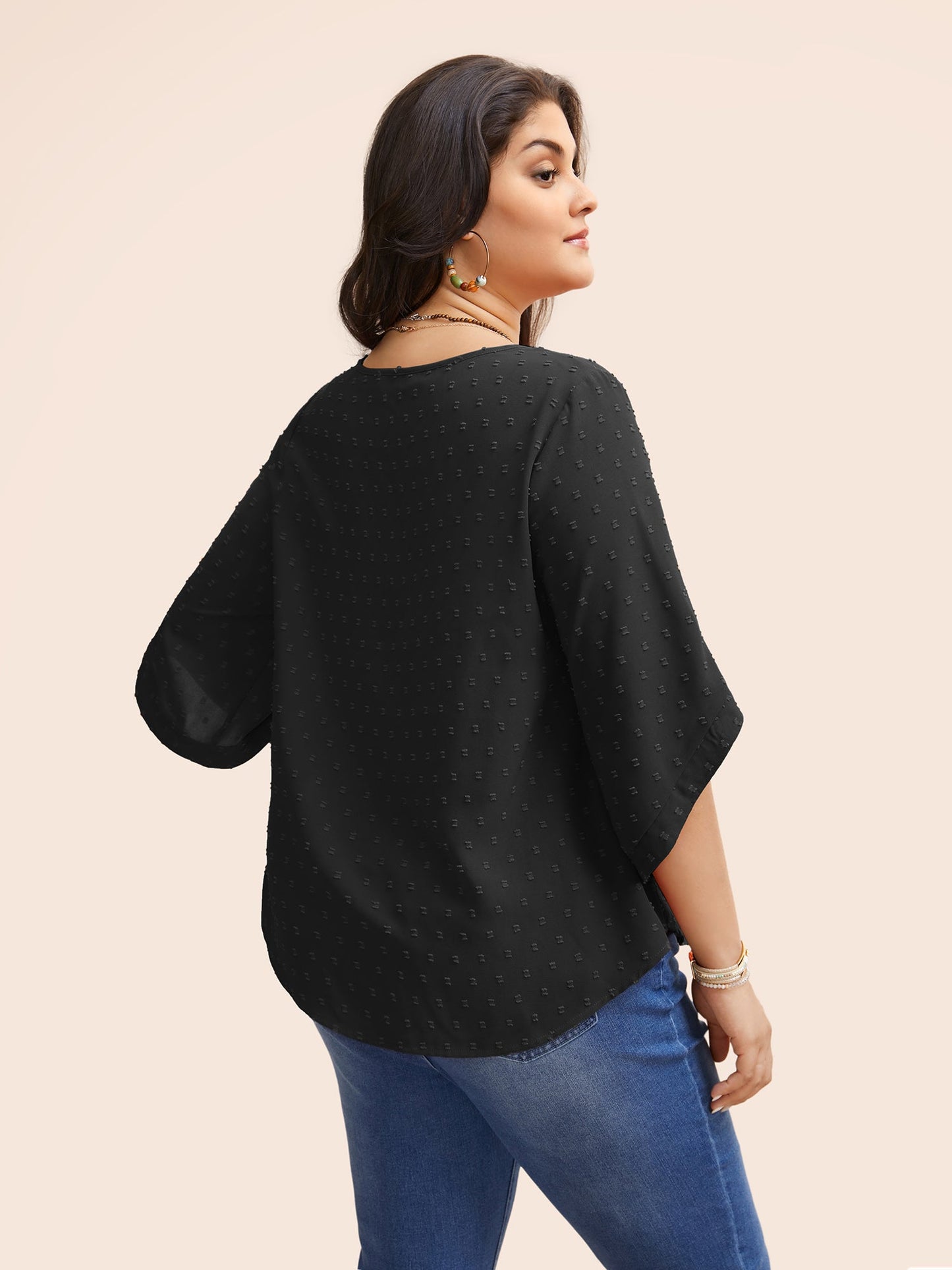 Textured Round Neck Bell Sleeve Blouse