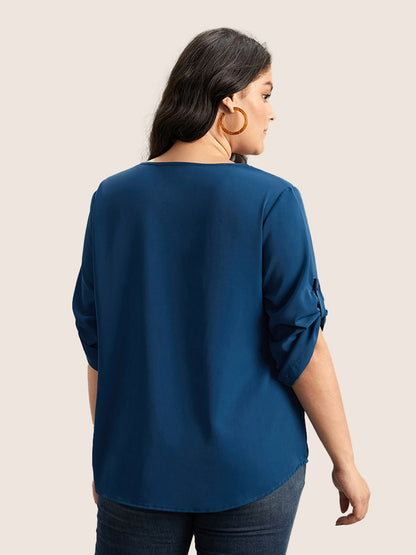 V Neck Plain Pleated Tab Sleeve Blouse