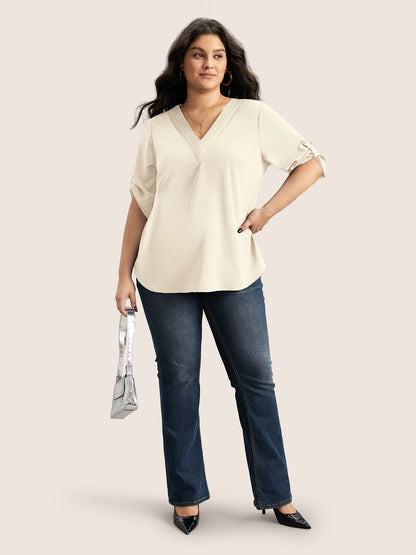 V Neck Plain Pleated Tab Sleeve Blouse