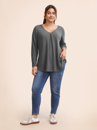 Plain Waffle Knit Scoop Neck Plicated Detail T-shirt