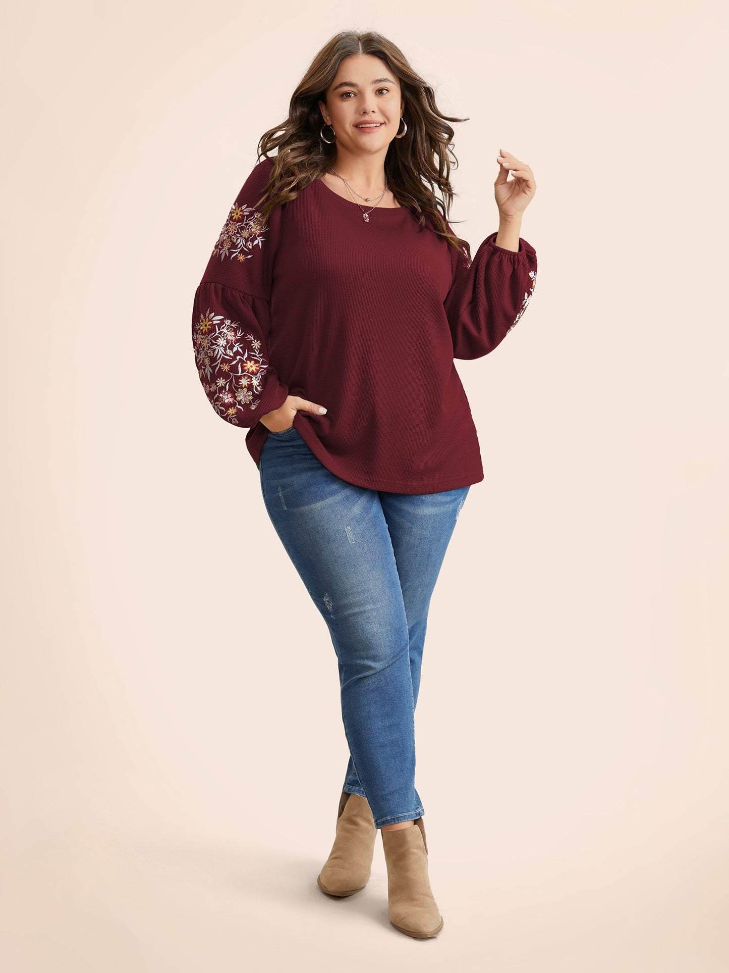 Waffle Knit Floral Embroidered Lantern Sleeve T-shirt