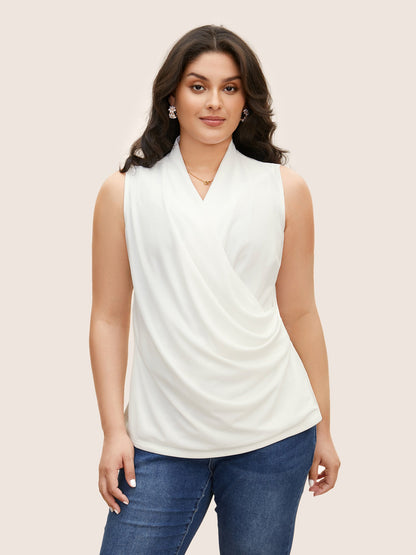 Overlap Collar Solid Pleated Tank Top