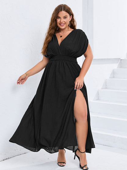 V-Neck Dolman Sleeve Ruched Split Pocket Maxi Dress