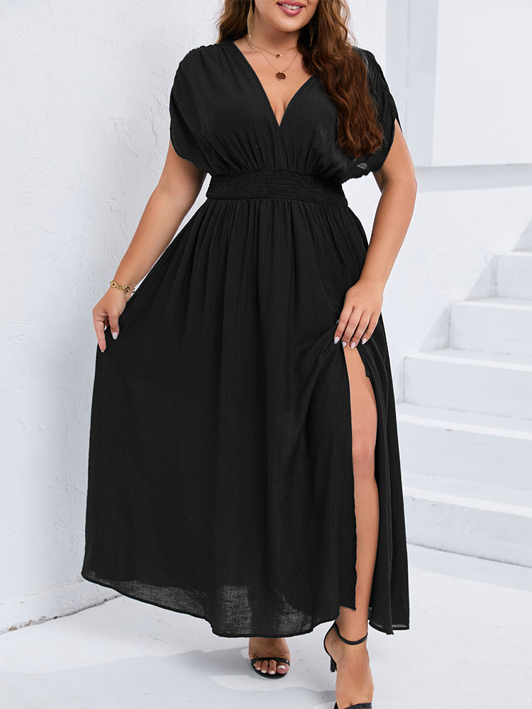 V-Neck Dolman Sleeve Ruched Split Pocket Maxi Dress