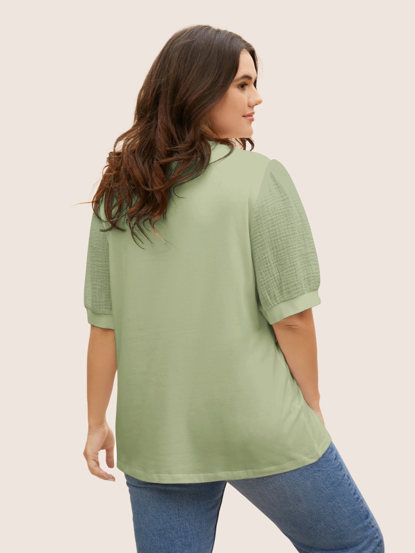 Plain Textured Patchwork Lantern Sleeve T-shirt