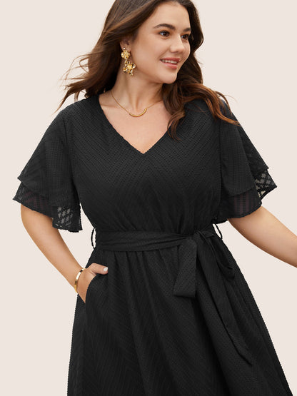 Texture Tiered Ruffle Sleeve See Through Dress