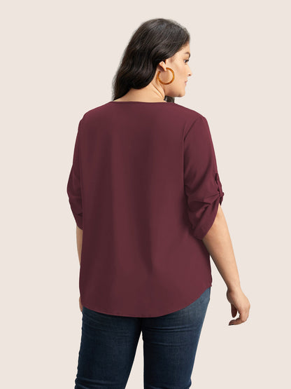 V Neck Plain Pleated Tab Sleeve Blouse