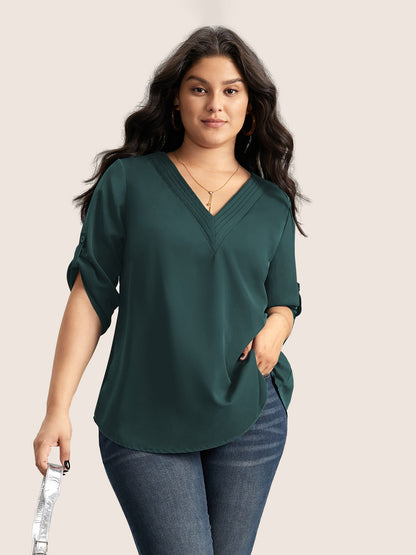 V Neck Plain Pleated Tab Sleeve Blouse