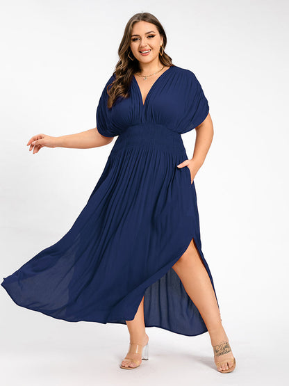 V-Neck Batwing Sleeve Pocket Ruched Waist Maxi Dress