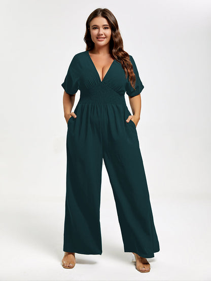 Plus V Neck Dolman Sleeve Pocket Shirred Wide Leg Jumpsuit