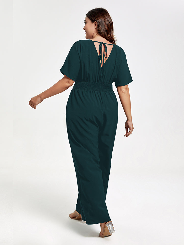 Plus V Neck Dolman Sleeve Pocket Shirred Wide Leg Jumpsuit