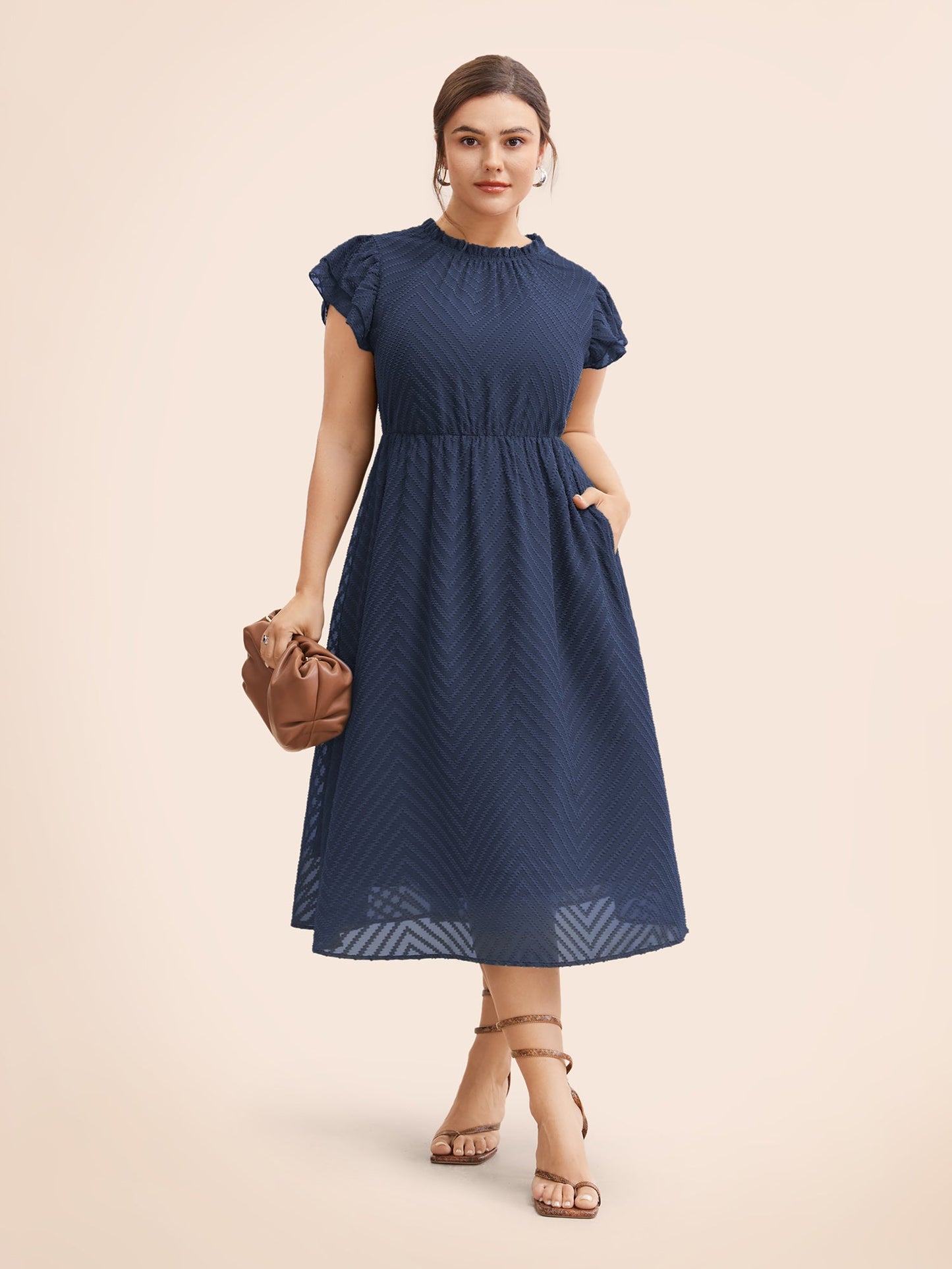 Plain Geometric Layered Sleeve Pocket Ruffle Mock Neck Dress