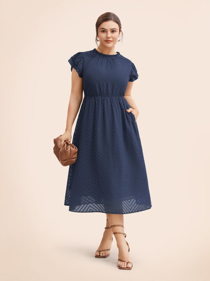 Plain Geometric Layered Sleeve Pocket Ruffle Mock Neck Dress