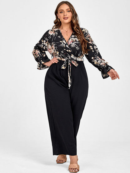 Plus Floral Patchwork Wrap Belted Pocket Jumpsuit