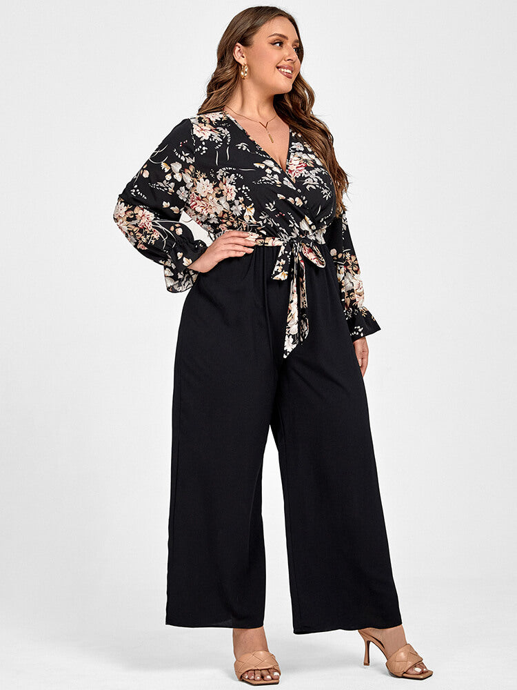 Plus Floral Patchwork Wrap Belted Pocket Jumpsuit