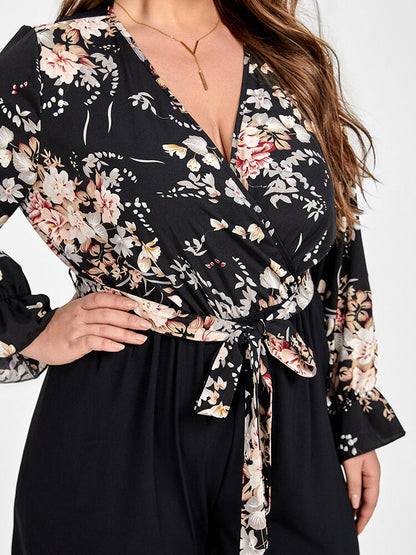 Plus Floral Patchwork Wrap Belted Pocket Jumpsuit